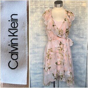 CALVIN KLEIN Faux Wrap Dress Ruffled Front Floral Print‎ Zipper Closure 4
